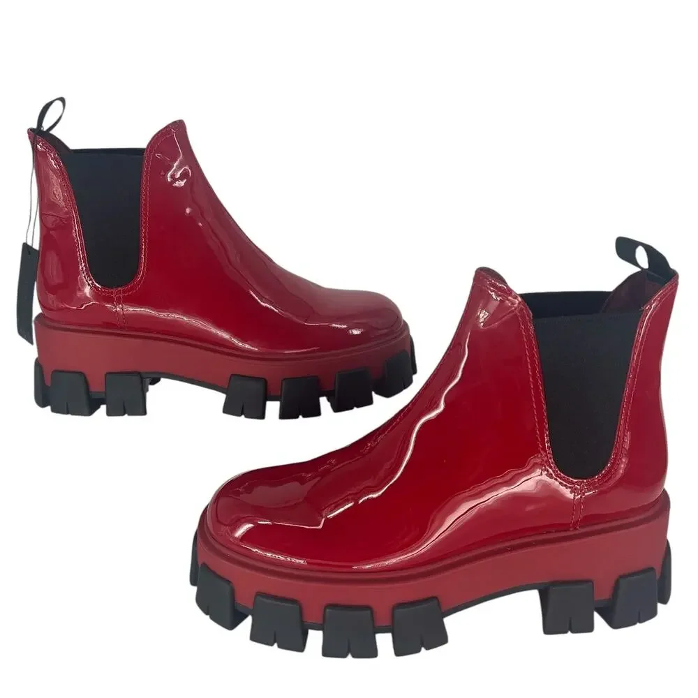 Prada Patent Leather Monolith Booties in Rosso Red - Picture 2 of 16